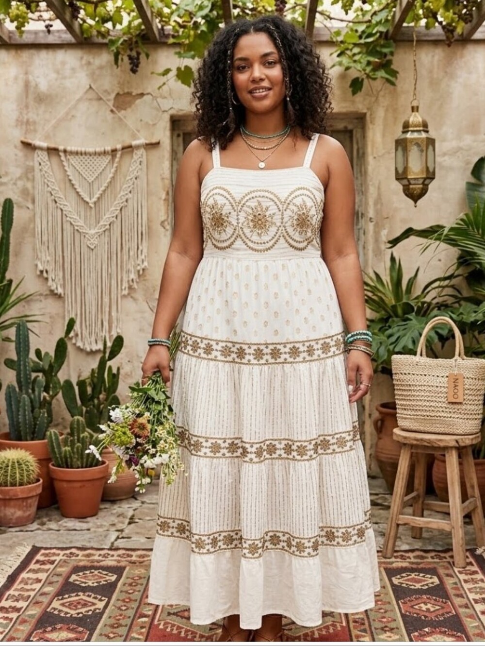 NAOO Nation AK Outfits Ivory Gold Cotton Embroidered Tiered Boho Maxi Dress XL